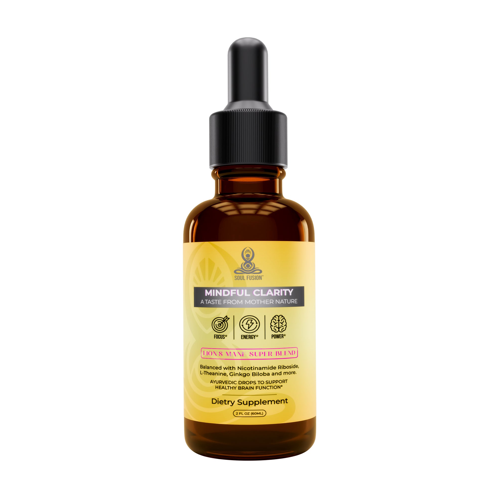 A bottle of 'Mindful Clarity' nootropic supplement with a dropper, featuring a yellow label and a black cap., soul fusion