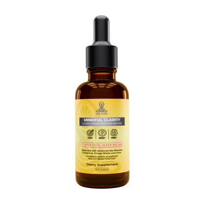 A bottle of 'Mindful Clarity' nootropic supplement with a dropper, featuring a yellow label and a black cap., soul fusion