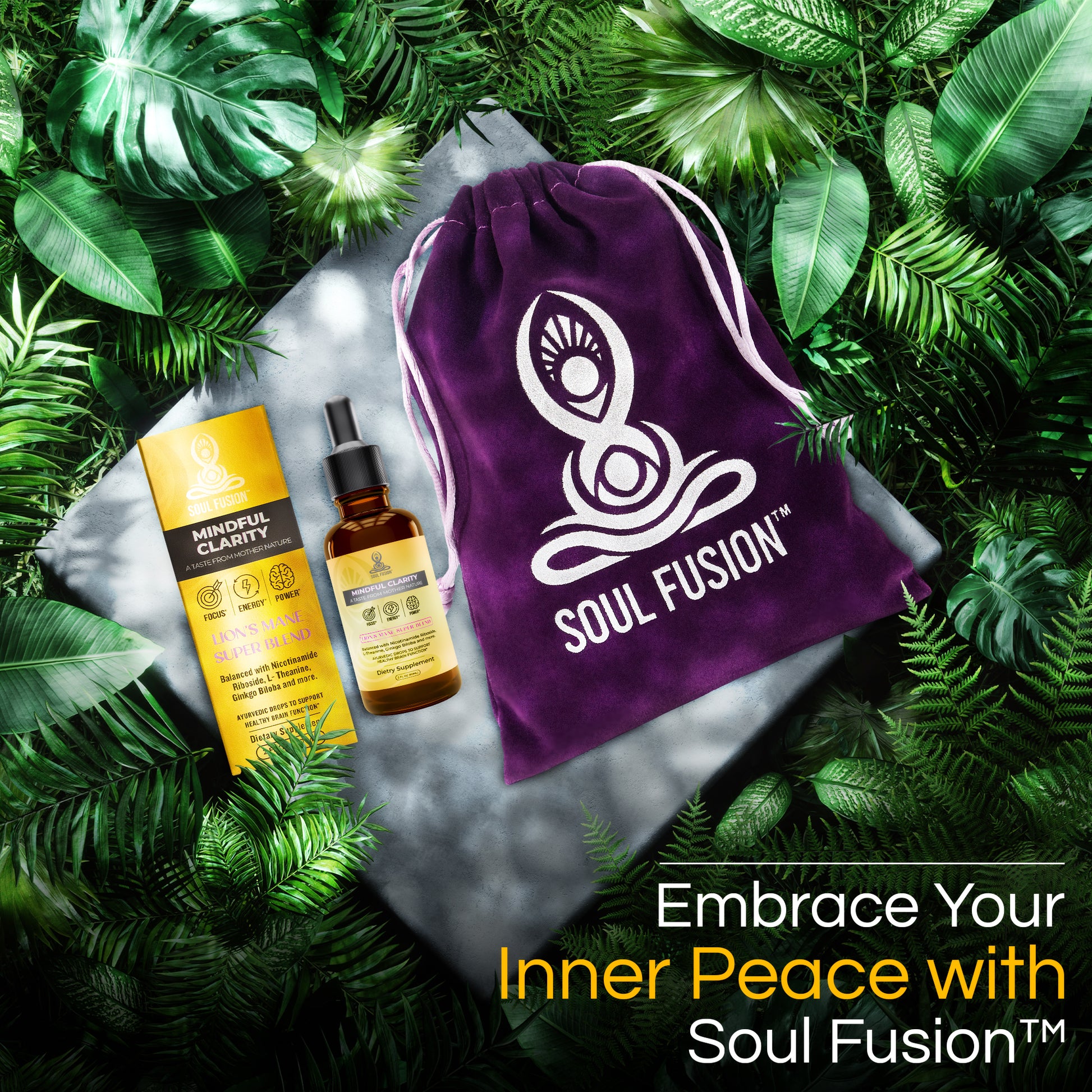 A bottle of 'Mindful Clarity' nootropic supplement with a dropper, featuring a yellow label and a black cap., soul fusion, Healing PROPERTIES