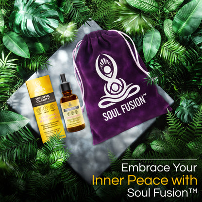 A bottle of 'Mindful Clarity' nootropic supplement with a dropper, featuring a yellow label and a black cap., soul fusion, Healing PROPERTIES