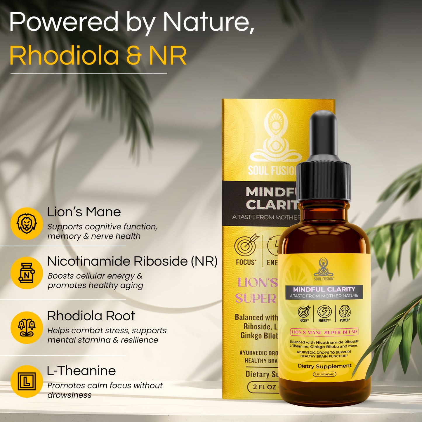 A bottle of 'Mindful Clarity' nootropic supplement with a dropper, featuring a yellow label and a black cap., soul fusion